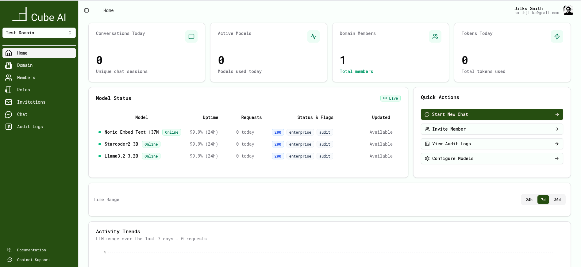 Cube AI dashboard showing model status, domains, and audit logs